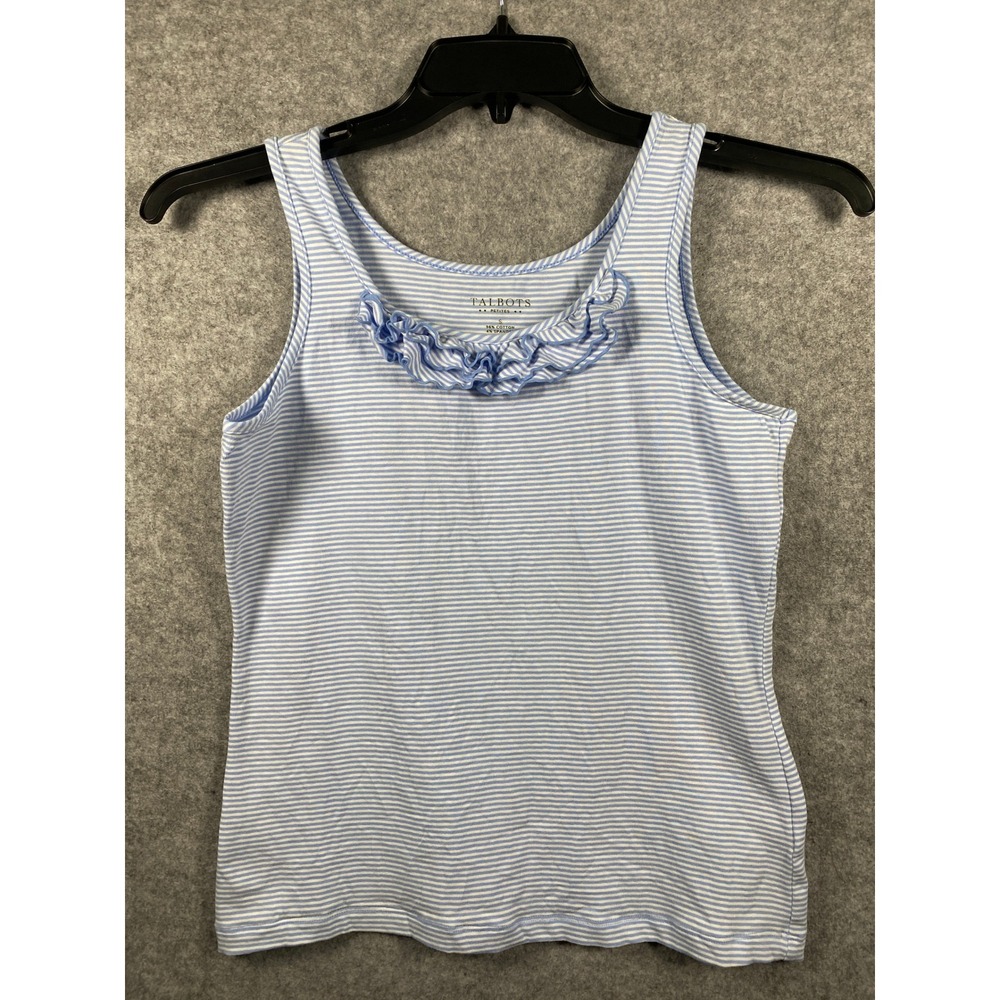 Talbots Petites Womens Blue White Striped Ruffle Neck Tank Top Size S Small